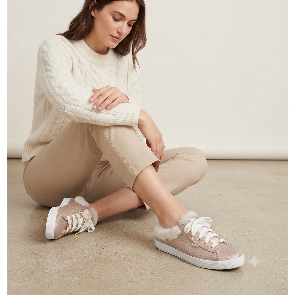 New Keds x Kate Spade Mule Sneakers Women 8.5 Rose Gold Glitter Faux Fur Trim